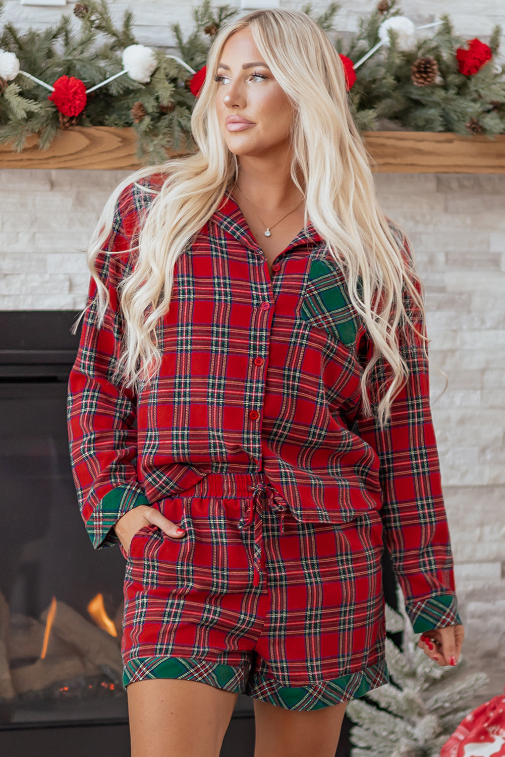 Red Plaid Contrast Patched Christmas Holiday Long Sleeve Shirt and Short 2pcs Pajama Set